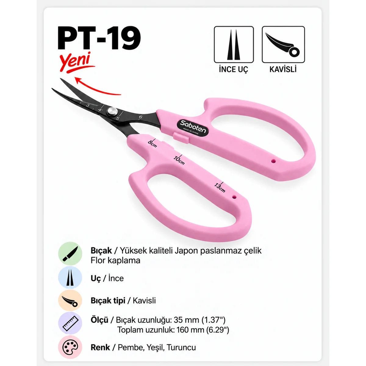 Saboten PT-19 Profesyonel Budama Makası – Kavisli İnce Uç – Flor Kaplamalı