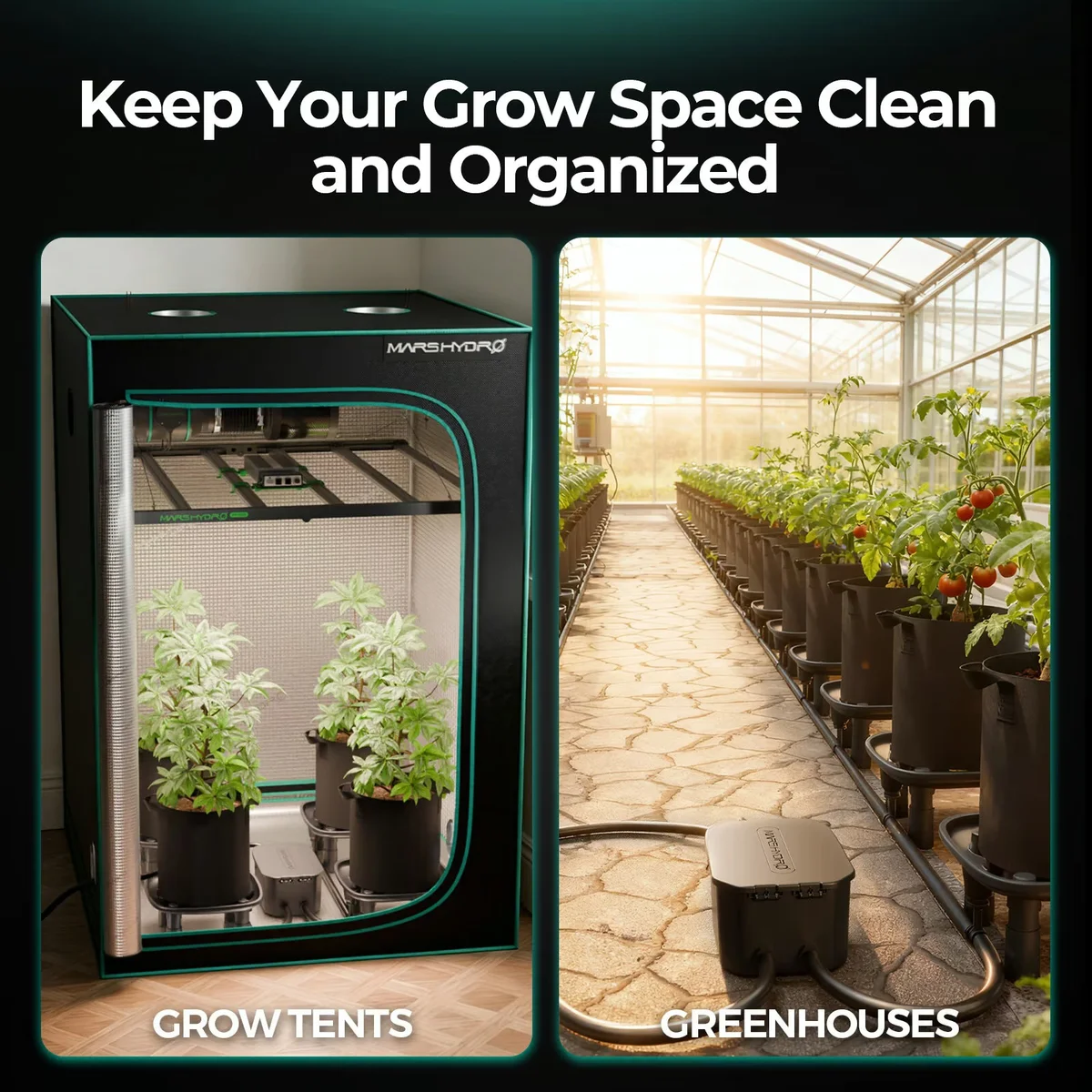 Mars Hydro otomatik drenaj sistemi grow tent ve sera kullanımında yetiştirme alanını temiz ve düzenli tutar