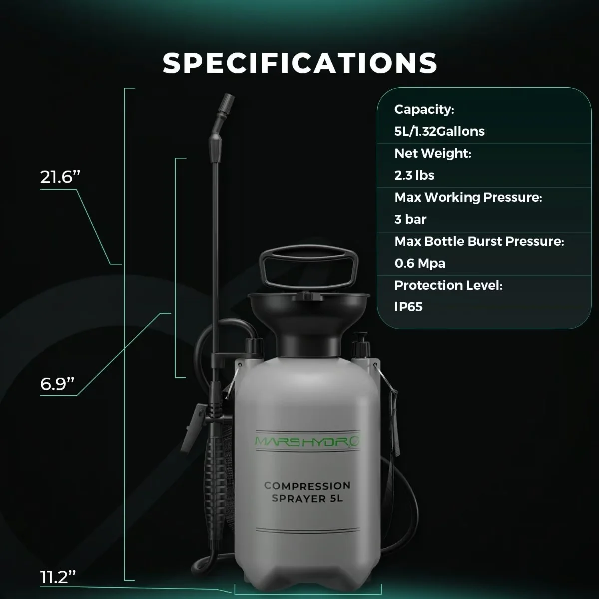 Mars Hydro 5L basınçlı pompalı bitki püskürtücü teknik özellikleri 3 bar basınç ve IP65 koruma